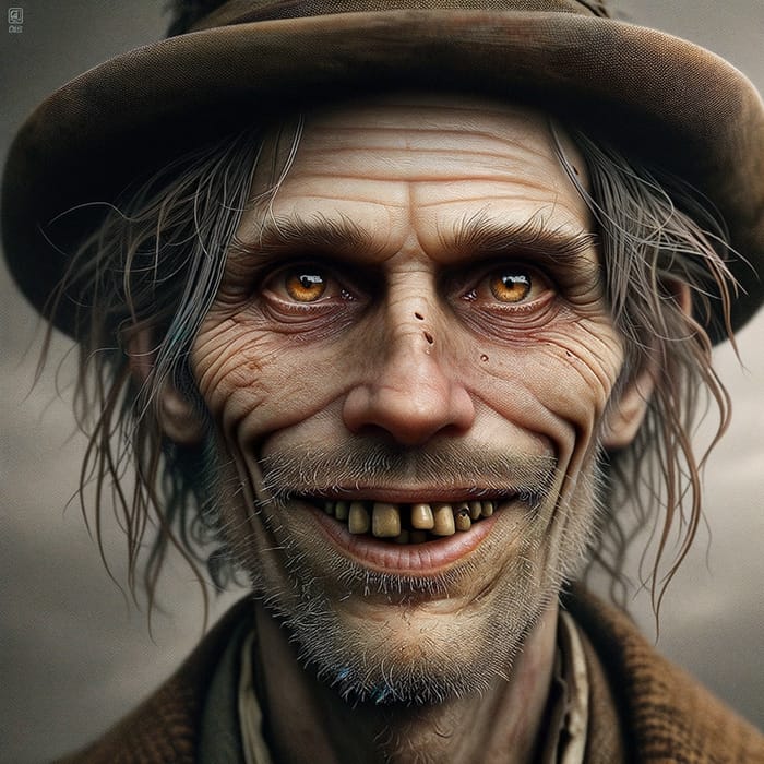 Detailed Portrait of Sinister 55-Year-Old Male Character | Intense Gaze & Brown Teeth