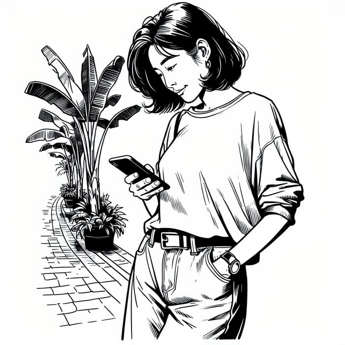 Person Using Mobile Phone - Line Drawing