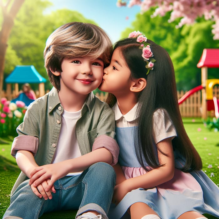 Sweet Innocence: Young Boy and Girl Share a Kiss in the Park