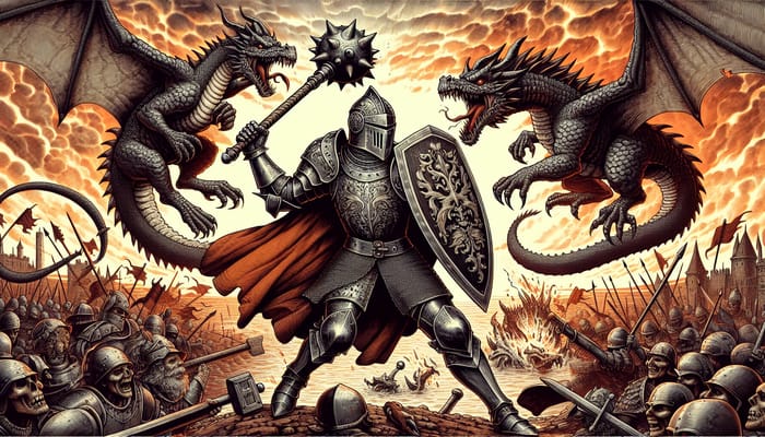 Epic Battle: Brave Knight with Mace and Shield Facing Three-Headed Dragon