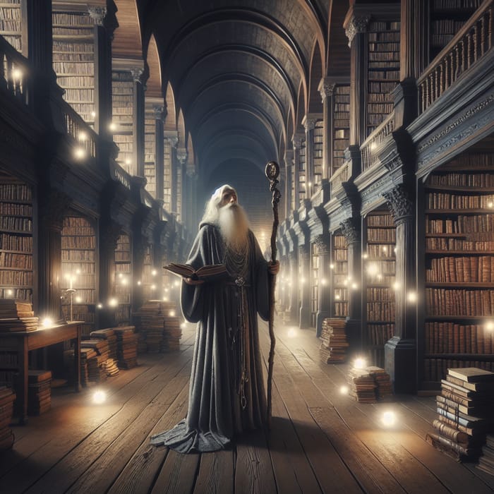 Gandalf Surrounded by Books in Enchanting Library