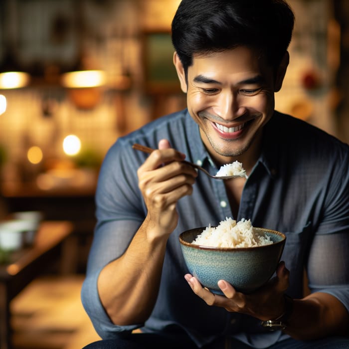 Man Indulging in Rice | Wholesome Kitchen Ambiance
