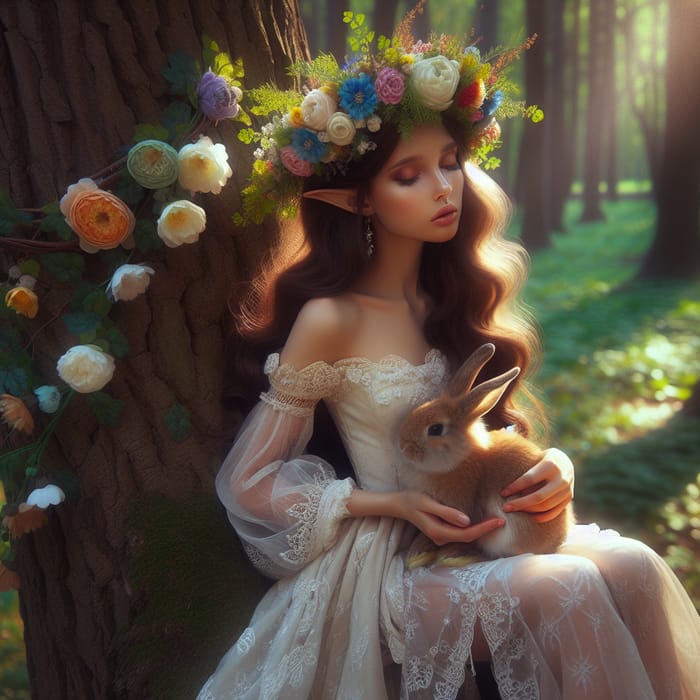Enchanting Light Brown Elven Girl with Flower Crown and Bunny in Tree