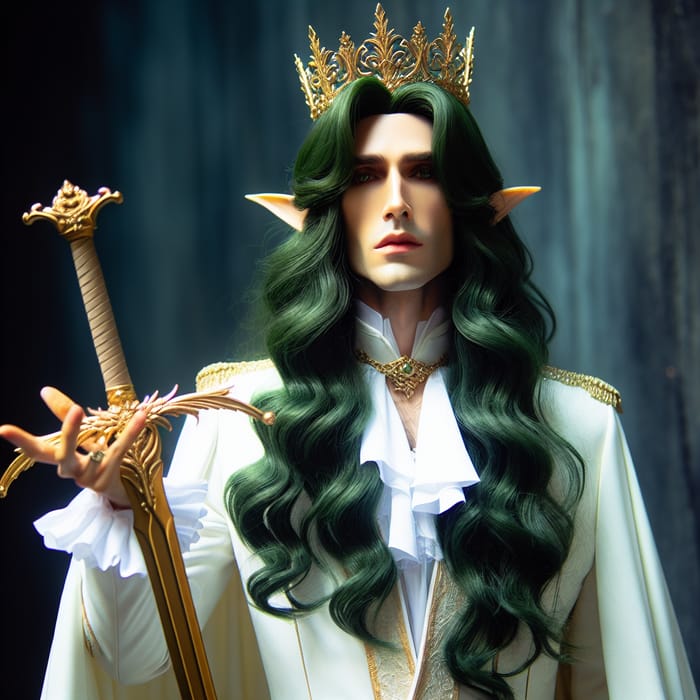 Male Elf with Golden Sword and Lavish Green Hair | Fantasy Character