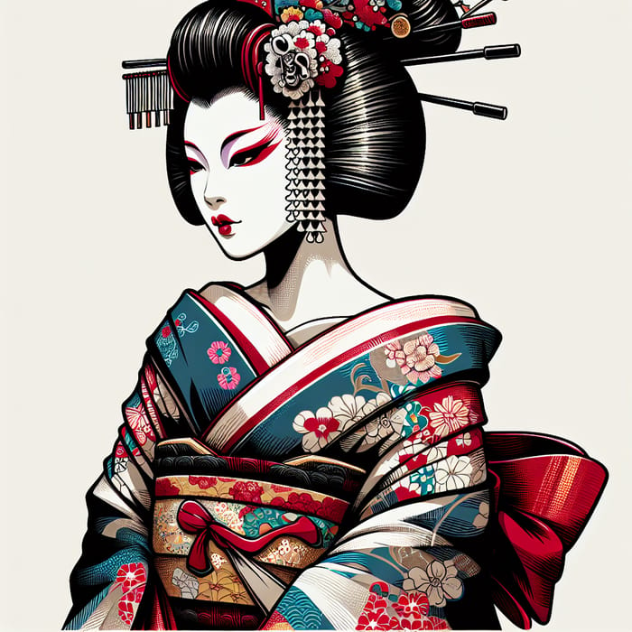 Flamboyant Japanese Geisha Illustration in Traditional Kimono Attire
