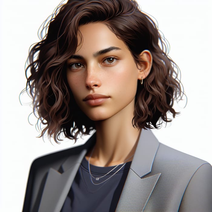 Stylish Mixed Descent Woman with Modern Flair and Curly Brunette Hair