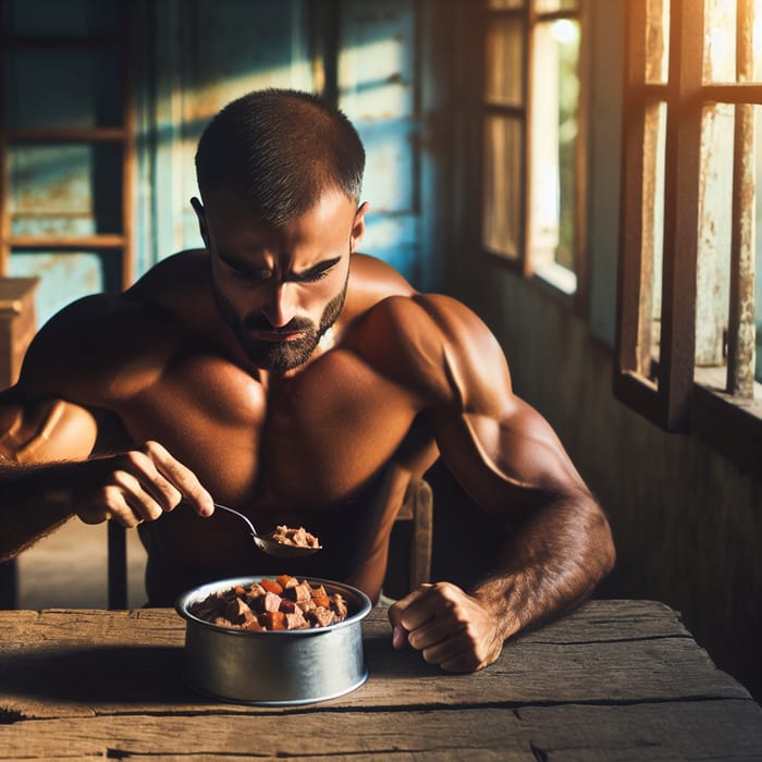 Strong Man Eating Chunky Dog Food - Powerful Image