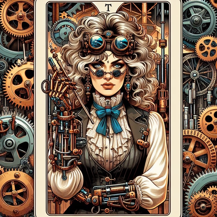 Caucasian Female Steampunk Inventor Tarot Card Illustration