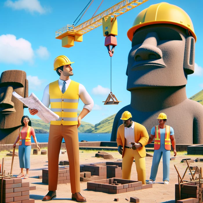 Easter Island Construction: Diverse Team in Moai Statue Setting