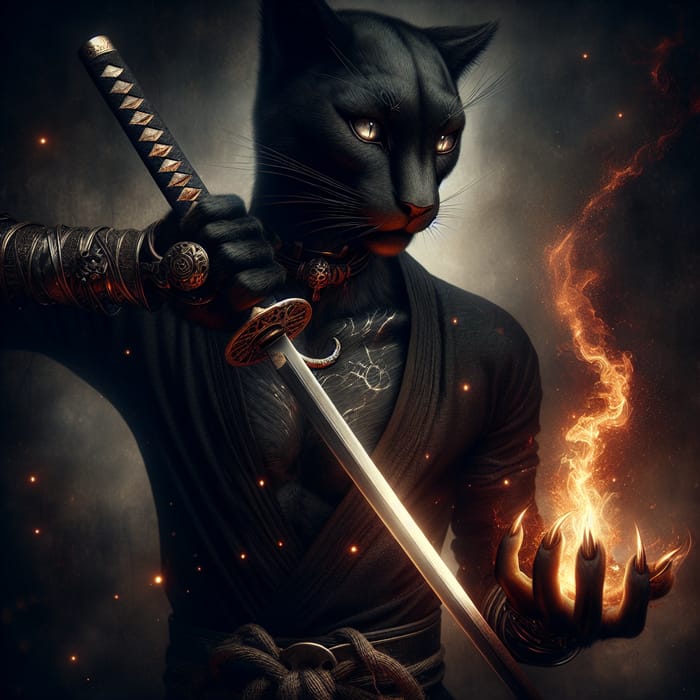 Captivating Fantasy Black Catman with Katana & Fire