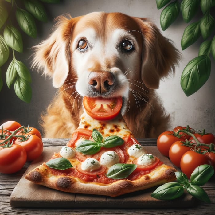 Dog Eating Authentic Italian Pizza with Tomatoes, Mozzarella, and Basil
