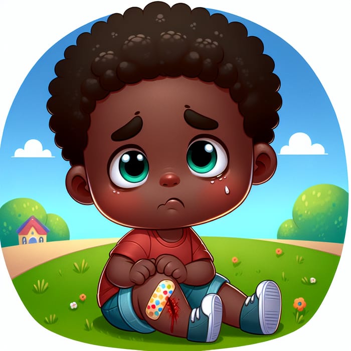 Resilient Cartoon Kid with Scraped Knee: Emotional Portrait