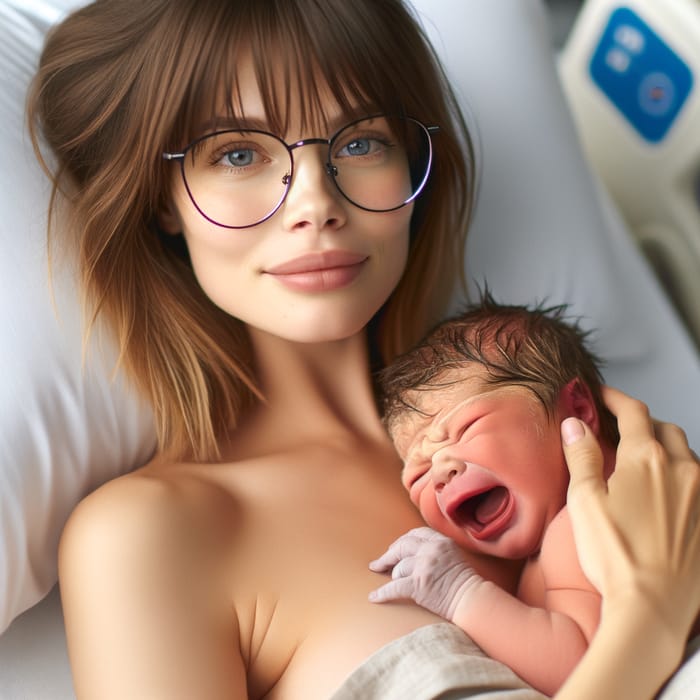 Caucasian Mother with Bangs Holds Crying Newborn in Hospital