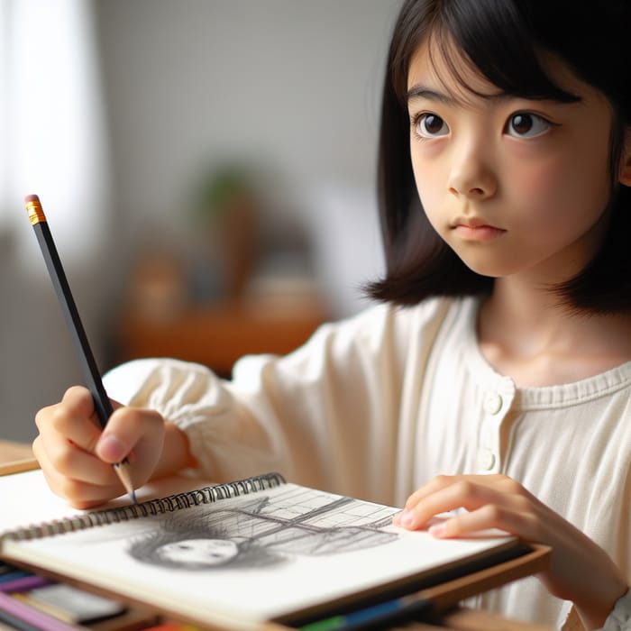 12-Year-Old Japanese Girl Drawing with Pencil | Artistic Concentration