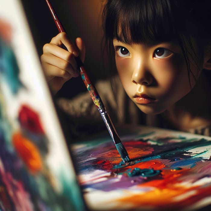 Vibrant Colors: Japanese Girl Painting with Artistic Determination