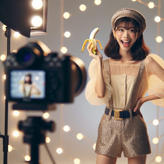 Trendy Japanese Woman in Glamorous Photoshoot with Banana