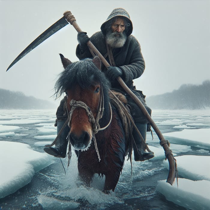 Symbolic Journey: Tired Worker Riding Horse on Frozen River