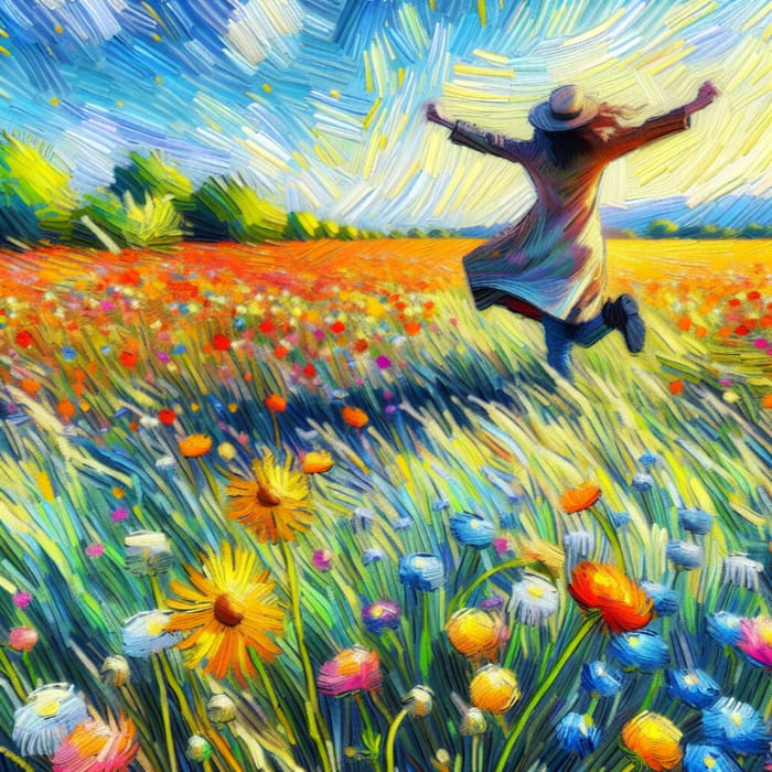 Solitary Figure in Blossoming Wildflowers | Vibrant Art in Van Gogh Style