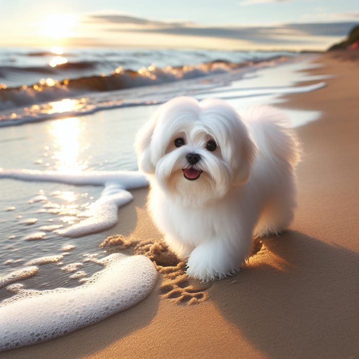 Fluffy White Coton de Tulear Beach Day | Serene Coastal Scene