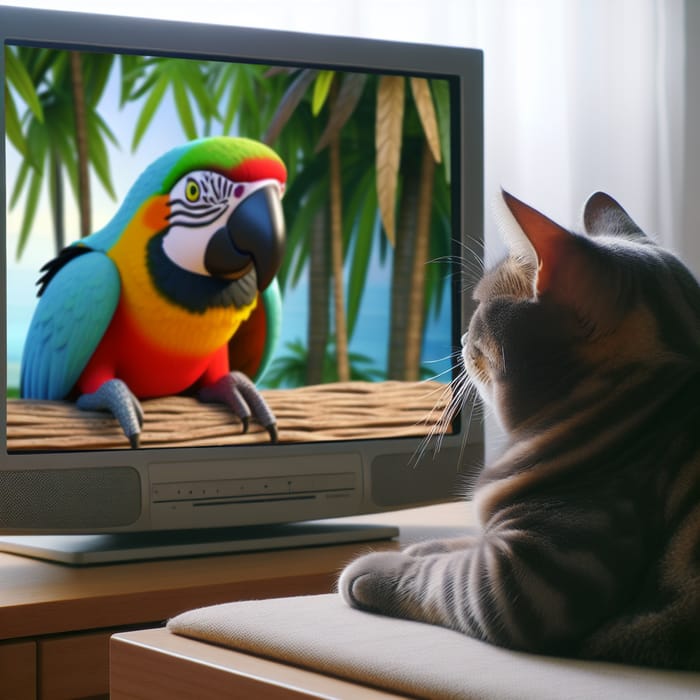 Cat Watching Cartoon Parrot on TV