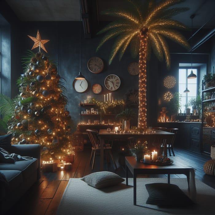 Dark Pre-New Year Apartment with Christmas Palm Tree Decoration