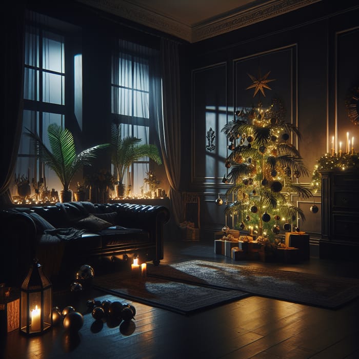 Dark Festive Apartment with Palm Tree Decor