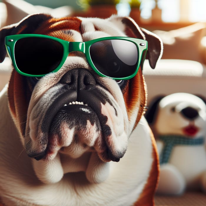 English Bulldog with Green Sunglasses - Fun Dog Image