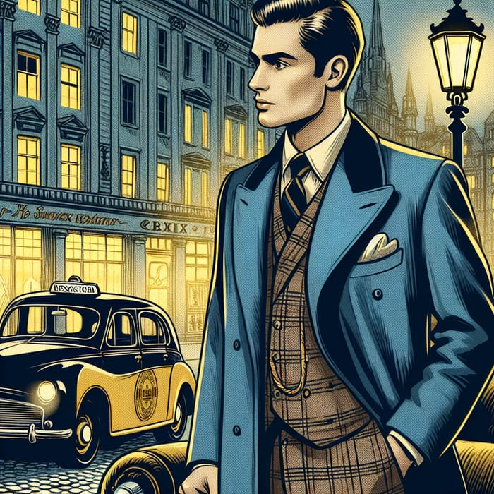 Laurence Fellows Style: 1930s Gentleman in Blue Suit City Illustration