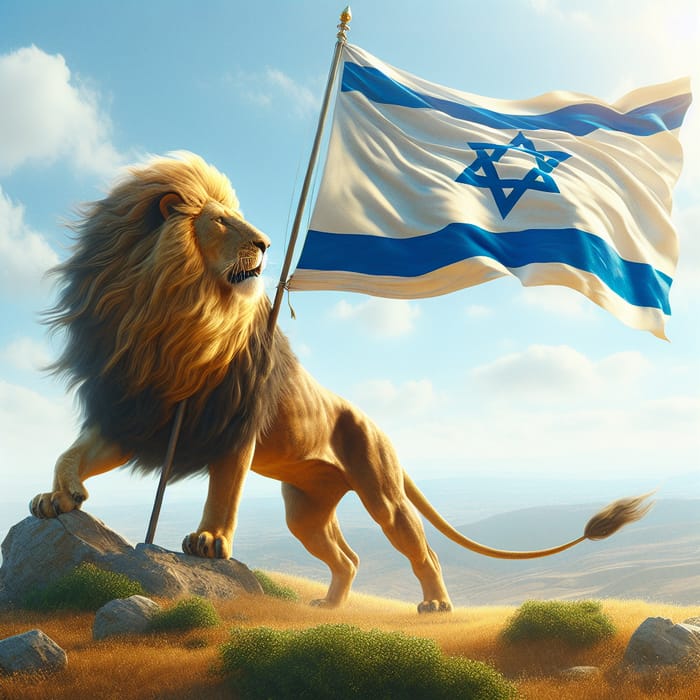 Majestic Lion with Israeli Flag on Hilltop