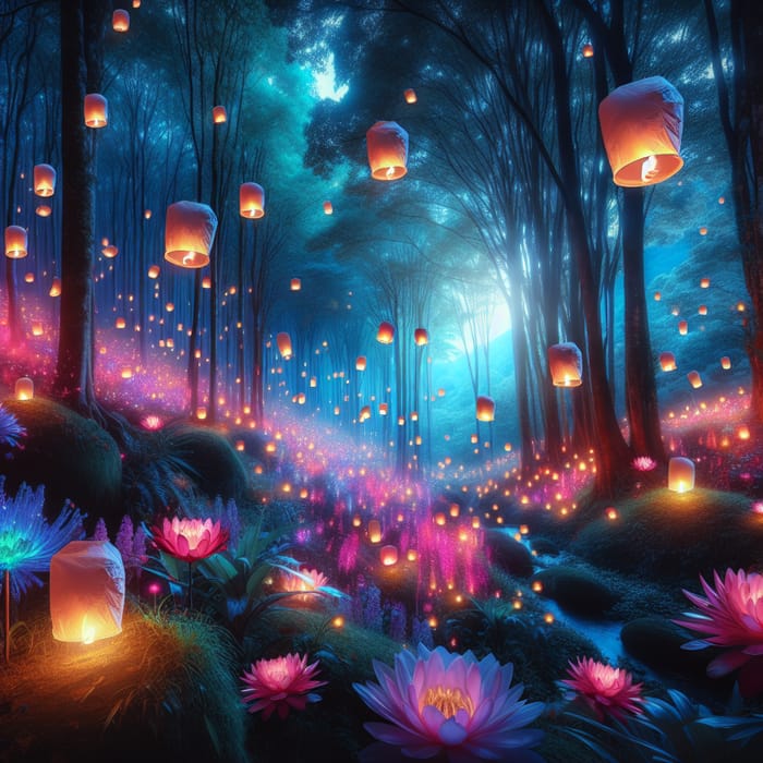 Mystical Forest with Floating Lanterns and Glowing Flowers