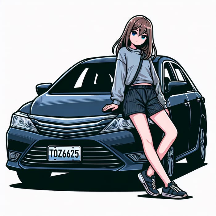 Detailed Clipart: Girl Leaning on Dark Blue Sedan Car | TOZ6625 Plate Number