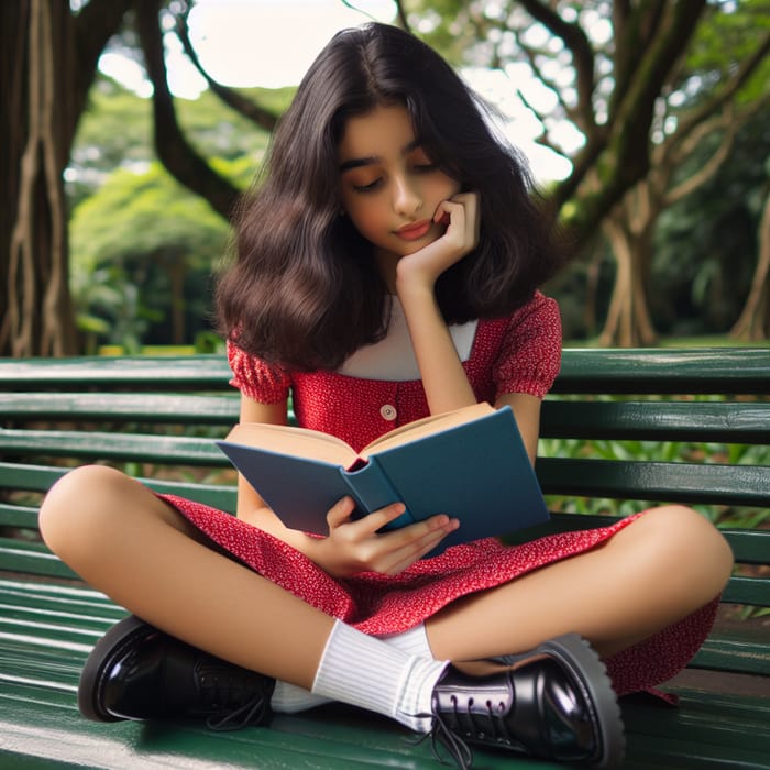 Young South Asian Girl Sitting on Green Park Bench with Book