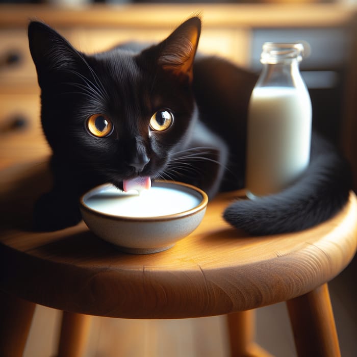 Black Cat Drinking Milk in Cozy Setting