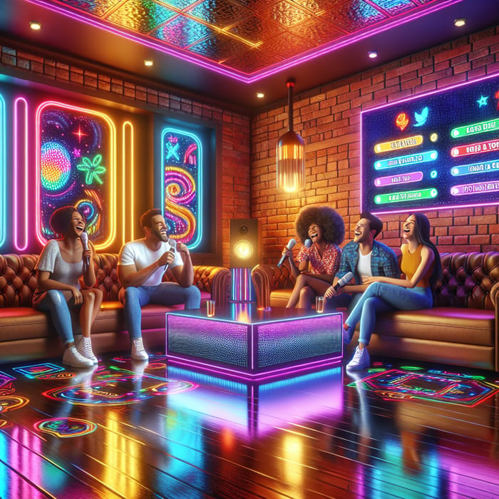 Vibrant Karaoke Room with Neon Lights & Animated Lyrics