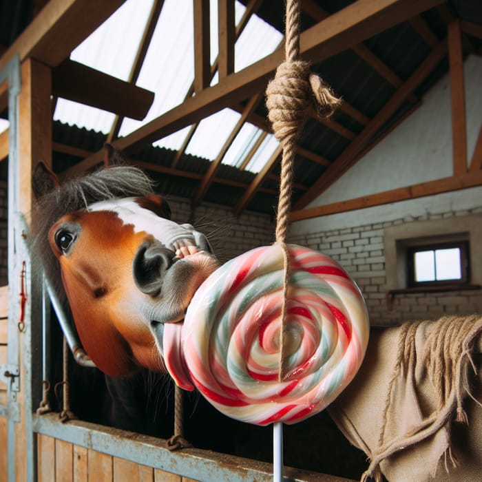 Horse Licking Sweet Candy in Stable