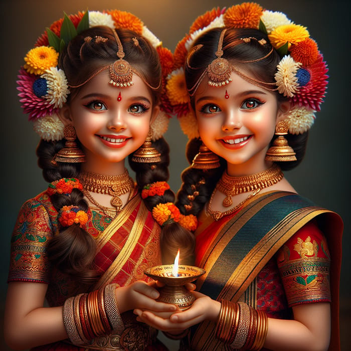 Joyful Tamil Girls in Vibrant Pattu Pavadai with Diya Offerings