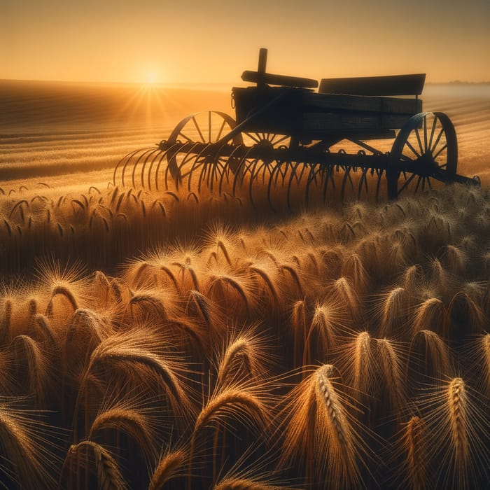 Plow and Wheat Stalks: Golden Morning Agriculture Scene