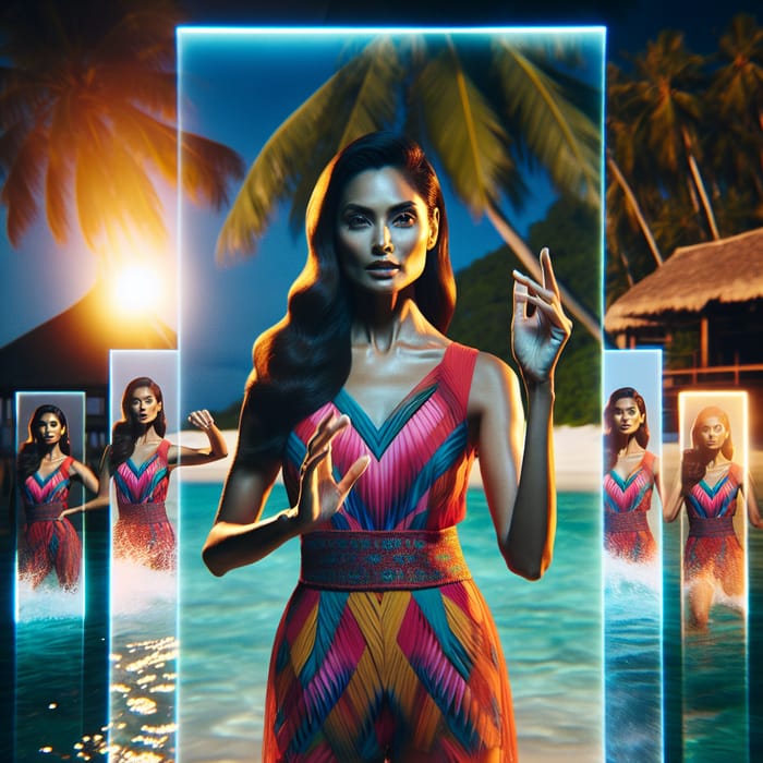 Dynamic Swimsuit Photoshoot: South Asian Woman in Tropical Paradise