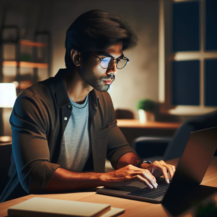 Focused South Asian Solopreneur Working Late at Home Office