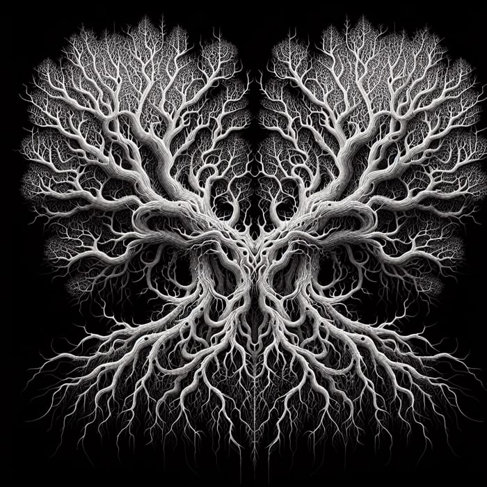 Symmetrical Upside-Down Heart-Shaped Tree Root System in Monochromatic White-On-Black