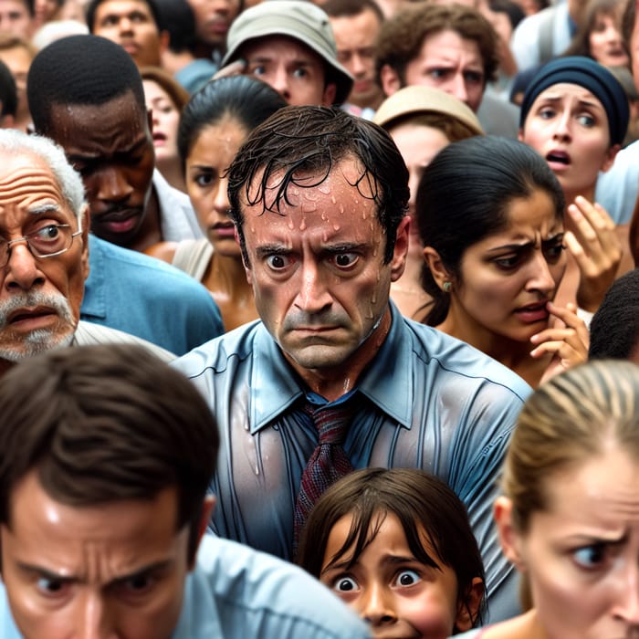 Anxious Man Concealed in Diverse Crowd - Emotional Tension Unfolds