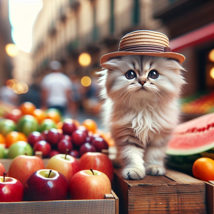 Charming Cat with Hat Ventures to Buy Colorful Fruits