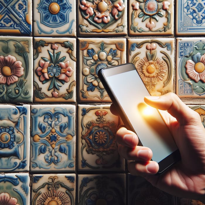 Hand Holding Smartphone: Vintage Tile Tech