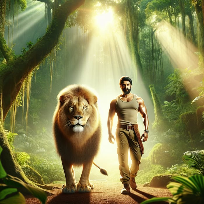 Majestic Lion and Adventurous Man in Vibrant Jungle