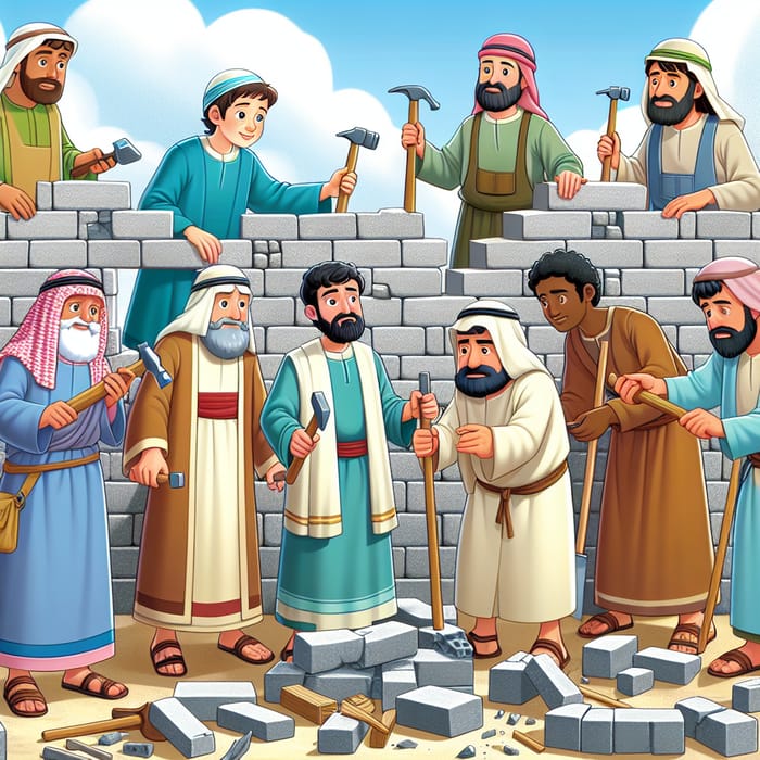 Nehemiah & Team Rebuilding Destroyed Wall in Cute Cartoon Style