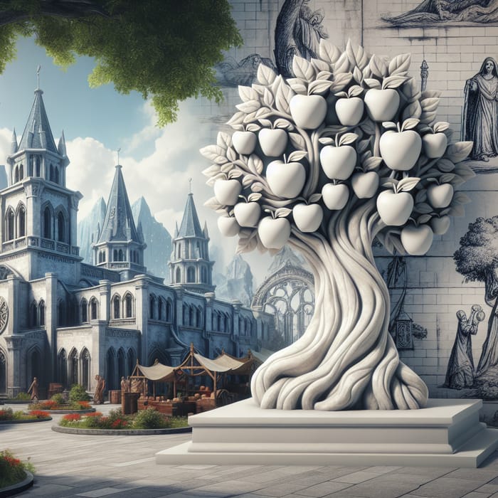 White Marble Apple Tree Statue in Medieval City & Dragons