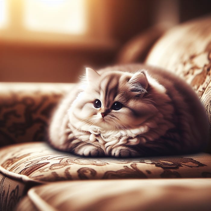 Tiny Plump Cat Resting on Sofa | Serene Feline Nest
