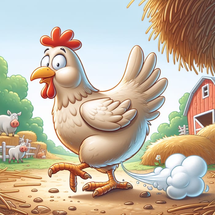 Funny Chicken Farting in a Cartoon Farm Scene