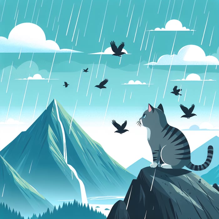 Cat on Mountain in Rain Shower with Birds Flying