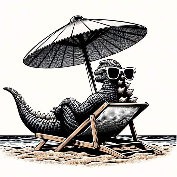 Comic Style Creature Lounging on Beach with Sunglasses and Sun Hat